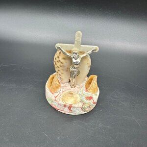 Vintage 1950s Shell Jesus Crucifix Religious Figurine Dish Beach Nautical Kitsch